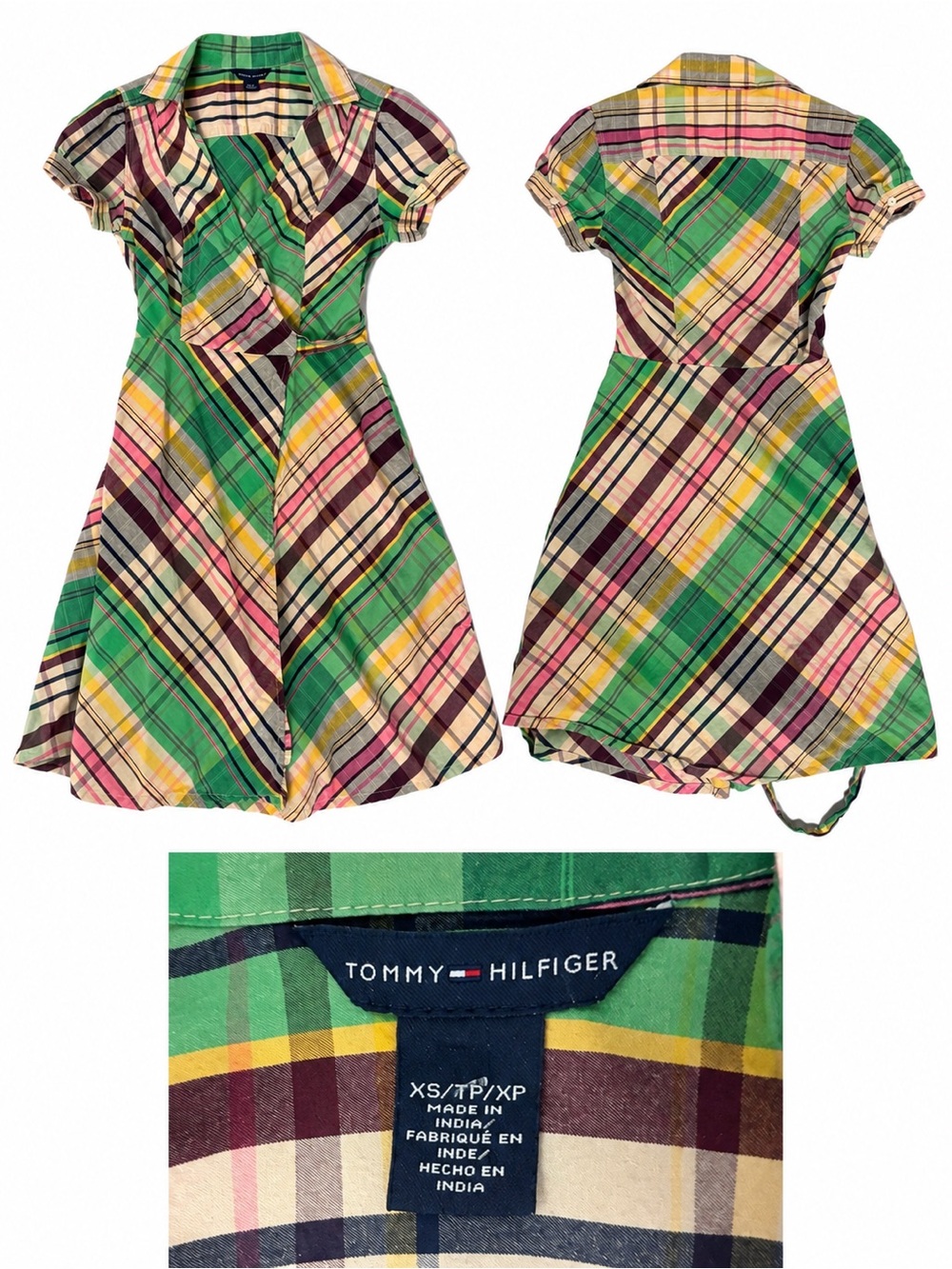 Tommy Hilfiger Green, Yellow & Pink Plaid Wrap-Style Dress